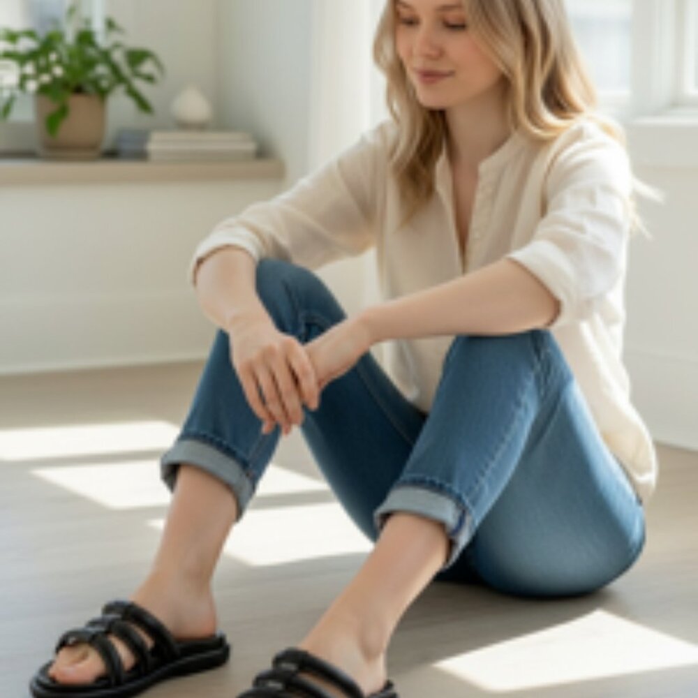 OluKai Black Triple-Strap Slide Sandals - Picture 2 of 10